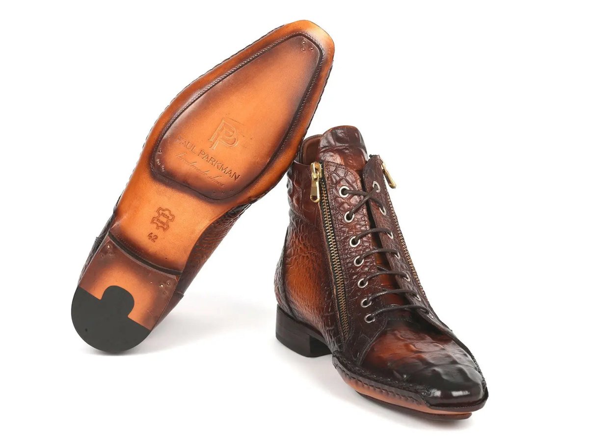Paul Parkman Croco Textured Calfskin Handmade Zipper Boots in Brown Burnished