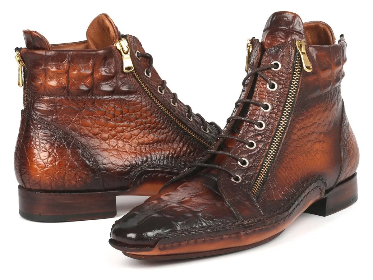 Paul Parkman Croco Textured Calfskin Handmade Zipper Boots in Brown Burnished
