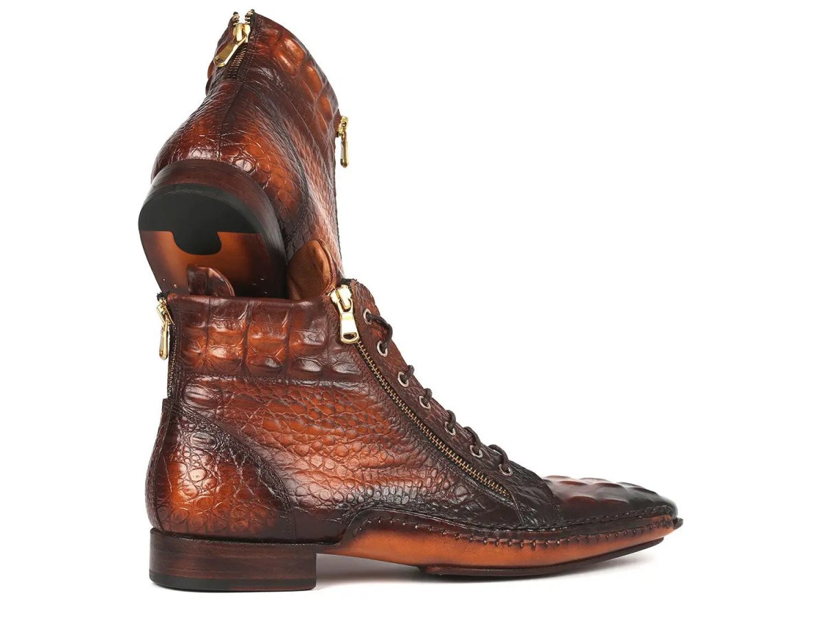 Paul Parkman Croco Textured Calfskin Handmade Zipper Boots in Brown Burnished