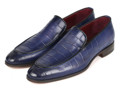 Paul Parkman Croco Textured Leather Loafer Blue