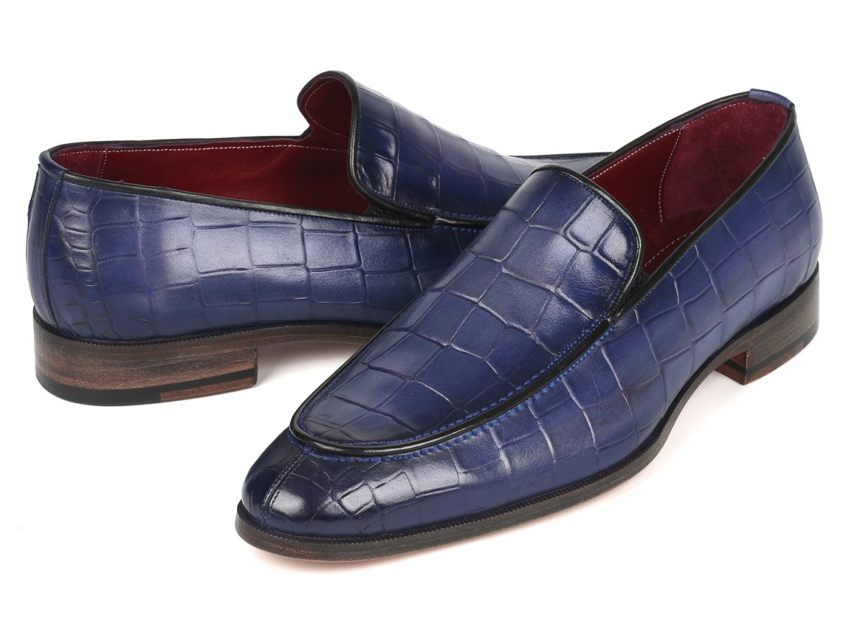 Paul Parkman Croco Textured Leather Loafer Blue