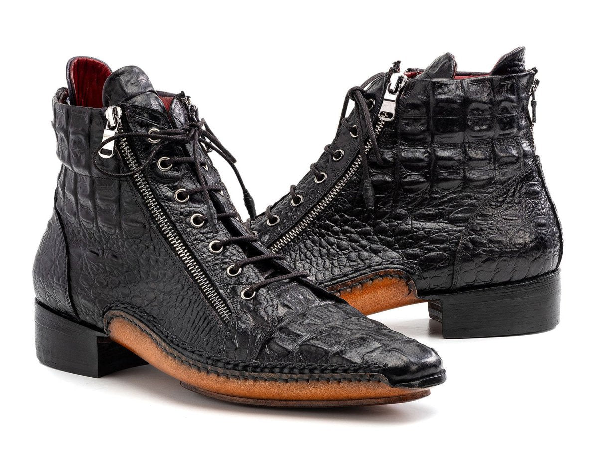 Paul Parkman Crocodile Textured Leather Men's Zipper Boots in Black