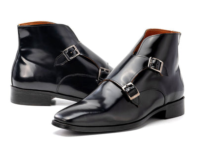 Paul Parkman Double Monkstrap Ankle Boots Black Polished Leather 8154 BLP