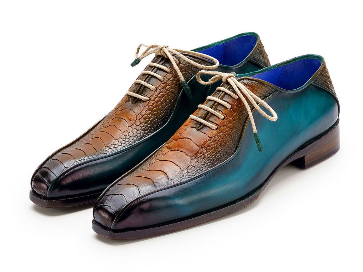 Paul Parkman Genuine Ostrich Leg Bicycle Toe Oxfords Green and Brown (ID94DLTQB)