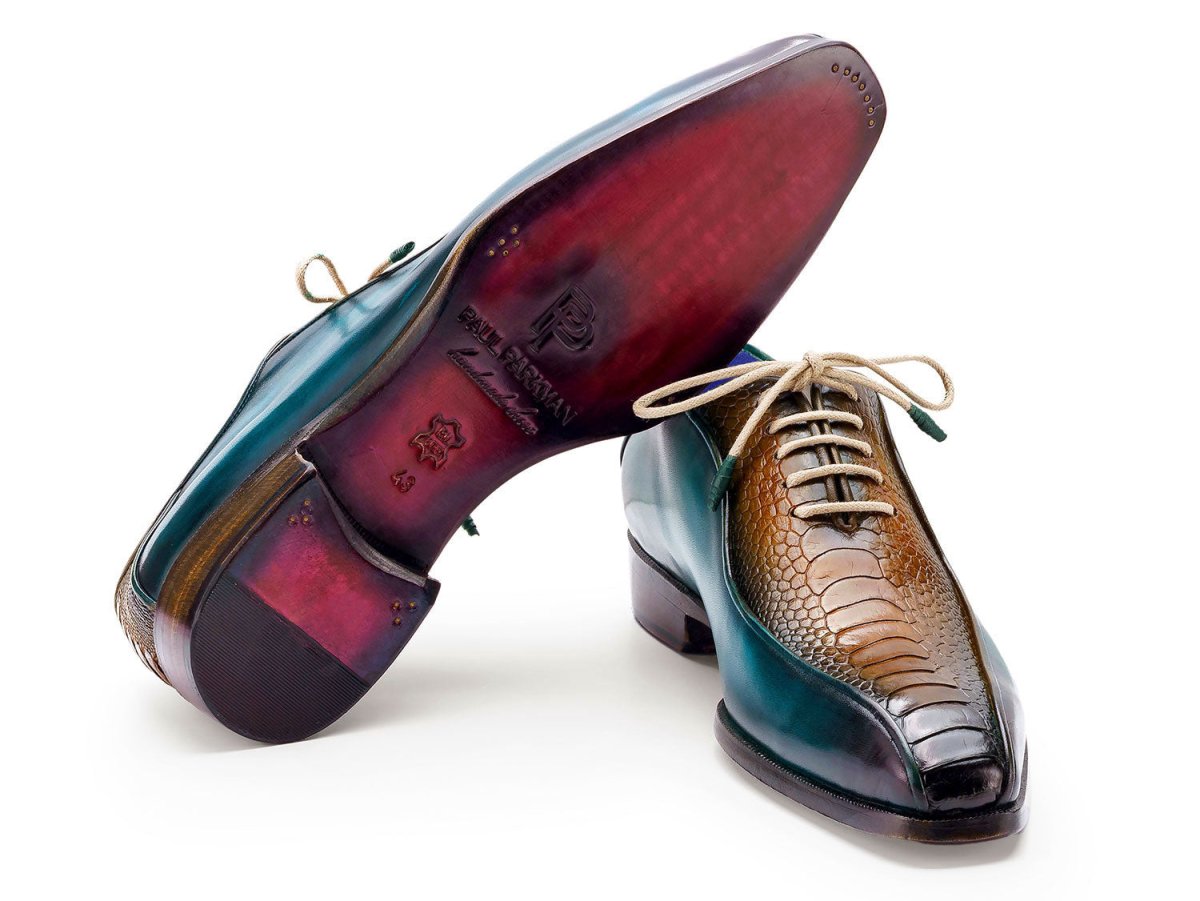 Paul Parkman Genuine Ostrich Leg Bicycle Toe Oxfords Green and Brown (ID94DLTQB)