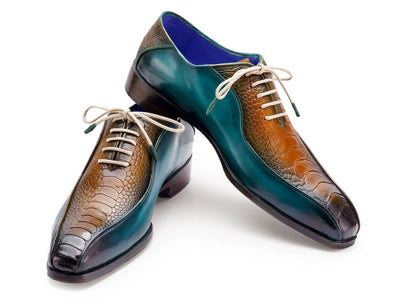 Paul Parkman Genuine Ostrich Leg Bicycle Toe Oxfords Green and Brown (ID94DLTQB)