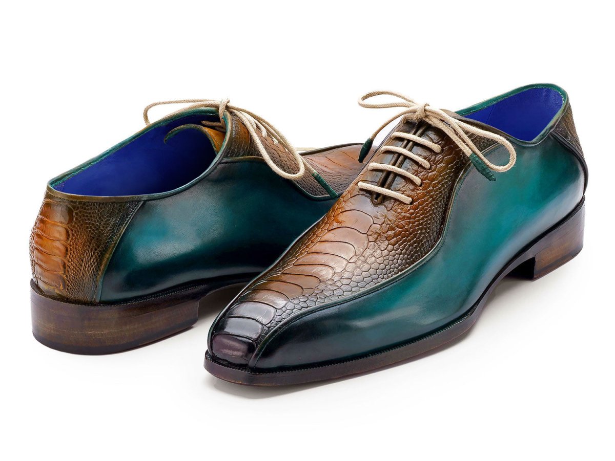 Paul Parkman Genuine Ostrich Leg Bicycle Toe Oxfords Green and Brown (ID94DLTQB)