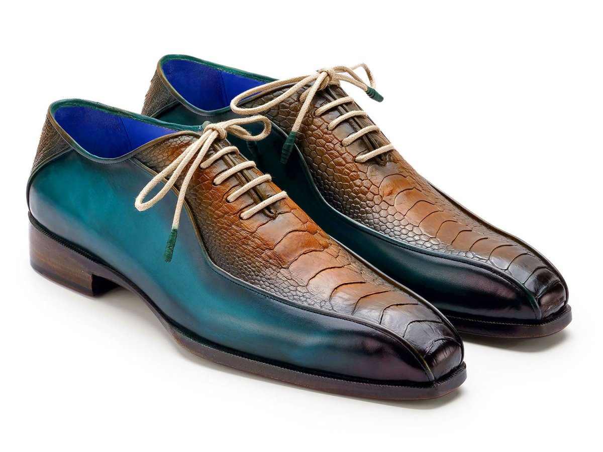 Paul Parkman Genuine Ostrich Leg Bicycle Toe Oxfords Green and Brown (ID94DLTQB)