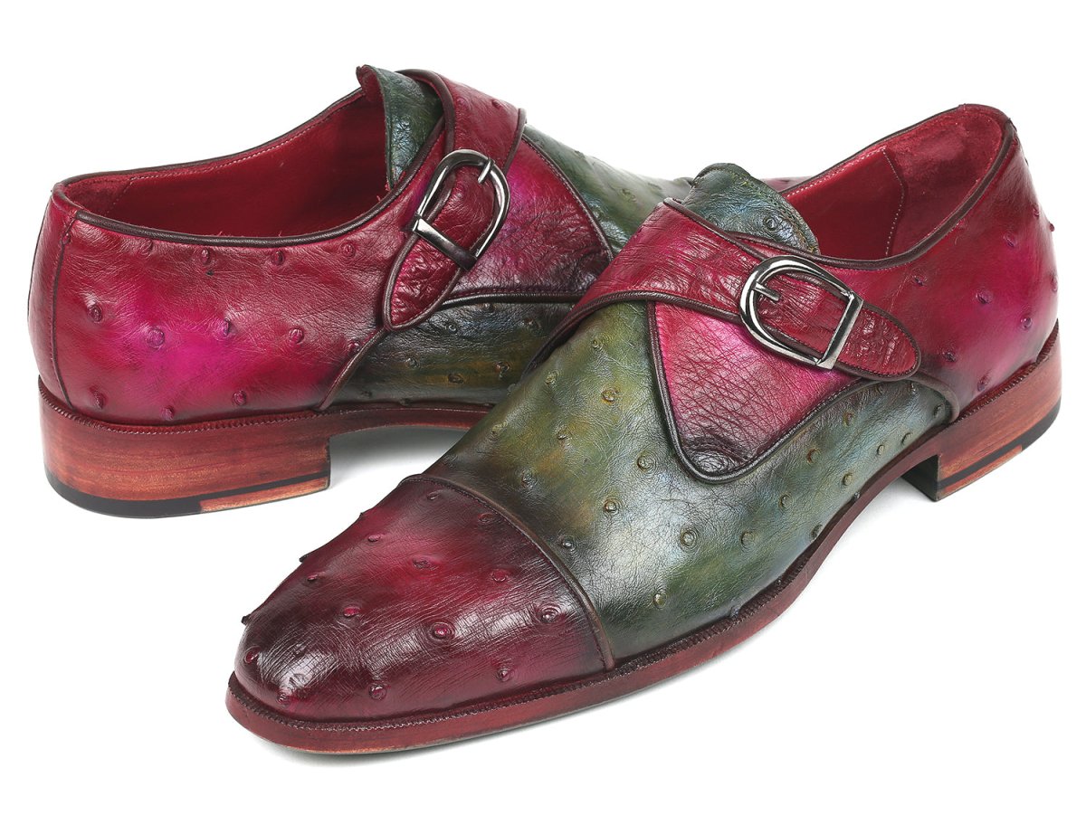 Paul Parkman Genuine Ostrich Monkstraps Green and Purple (ID91Z68)