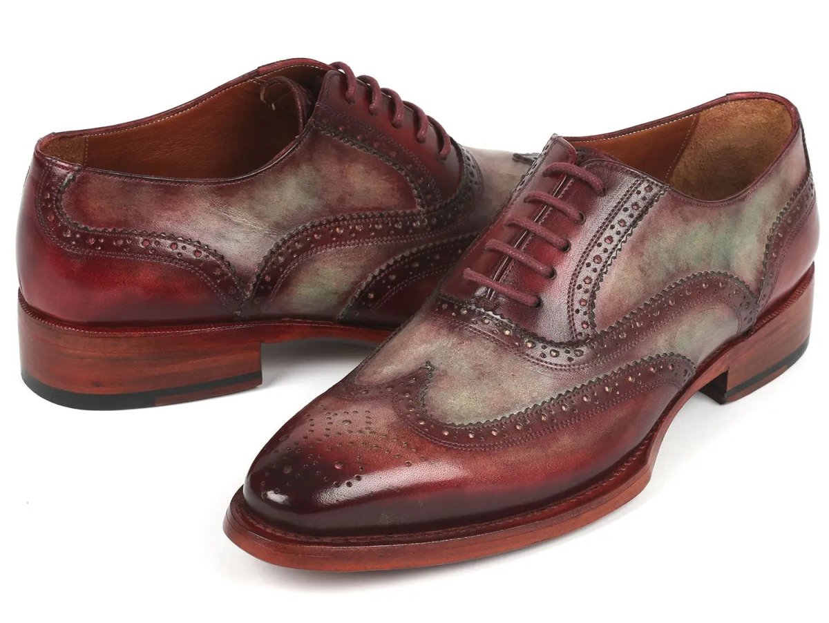 Paul Parkman Goodyear Welted Men's Two Tone Wingtip Oxfords in Green and Bordeaux