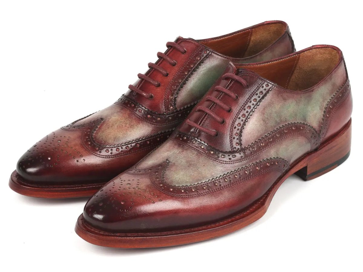Paul Parkman Goodyear Welted Men's Two Tone Wingtip Oxfords in Green and Bordeaux