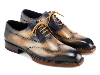 Paul Parkman Goodyear Welted Men's Wingtip Oxfords Camel and Navy (ID81CML62)