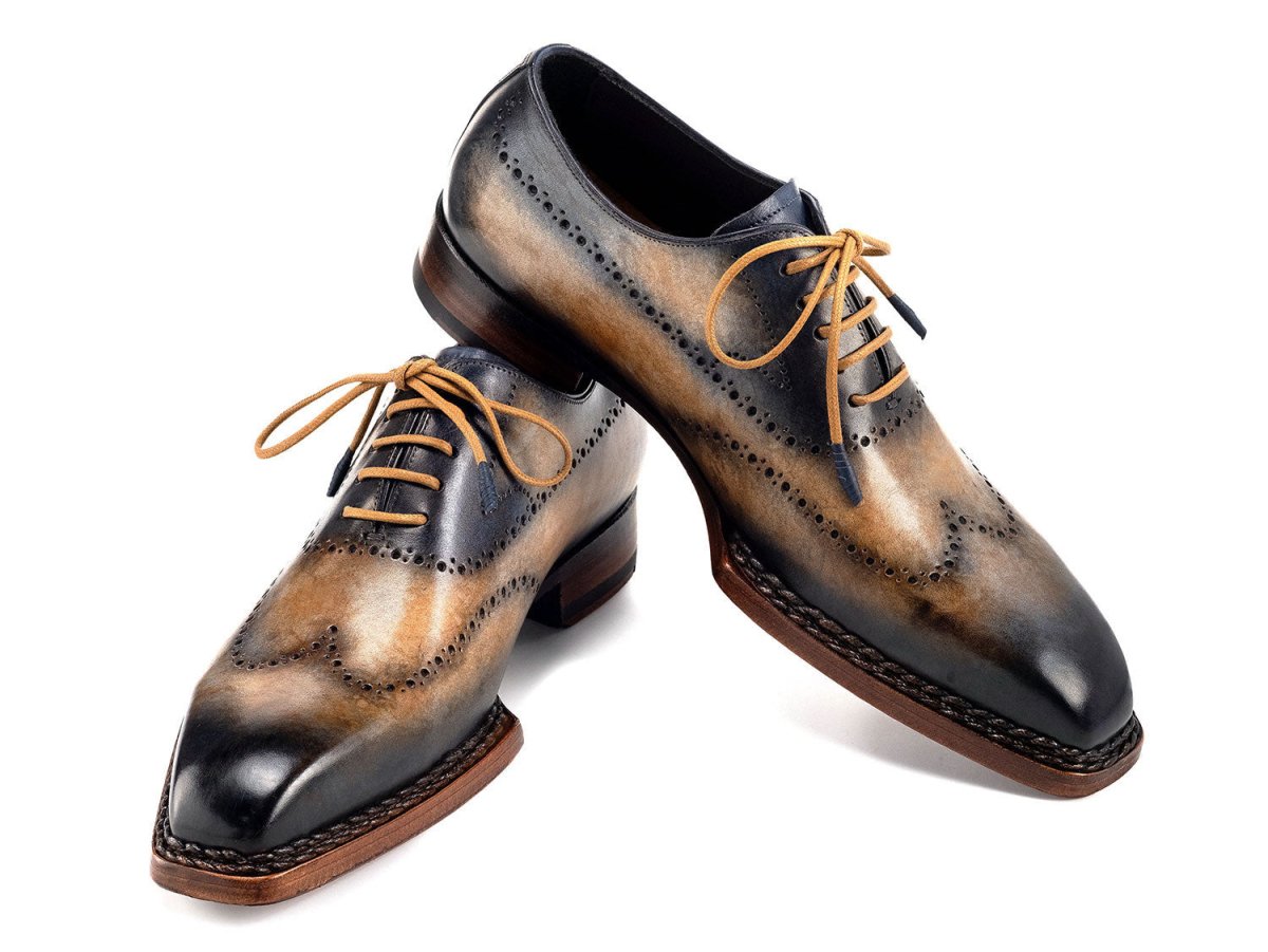 Paul Parkman Goodyear Welted Men's Wingtip Oxfords Camel and Navy (ID81CML62)