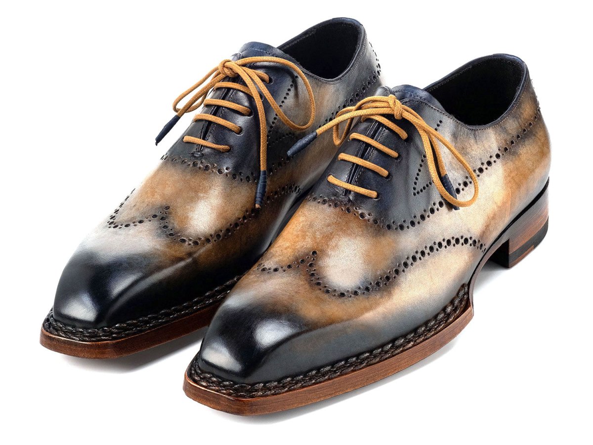 Paul Parkman Goodyear Welted Men's Wingtip Oxfords Camel and Navy (ID81CML62)