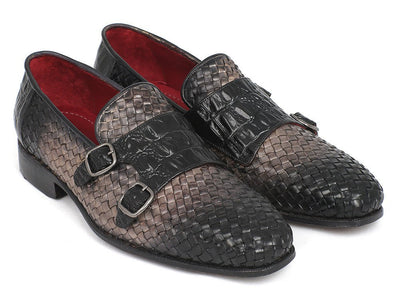 Paul Parkman Gray Woven and Croc Embossed Monkstraps (IDHK588 - GRY)