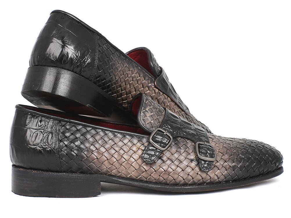 Paul Parkman Gray Woven and Croc Embossed Monkstraps (IDHK588 - GRY)