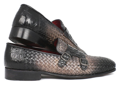 Paul Parkman Gray Woven and Croc Embossed Monkstraps (IDHK588 - GRY)