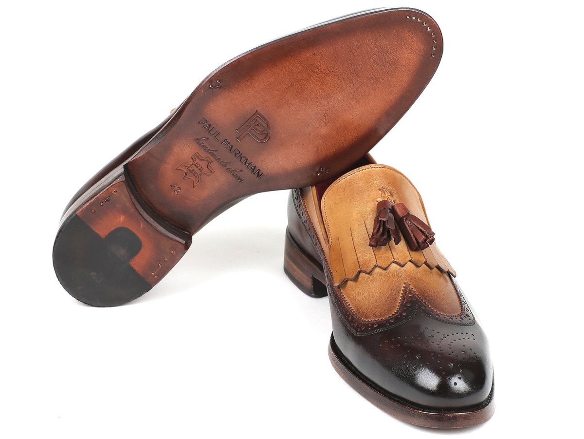 Paul Parkman Kiltie Tassel Loafers in Beige and Brown