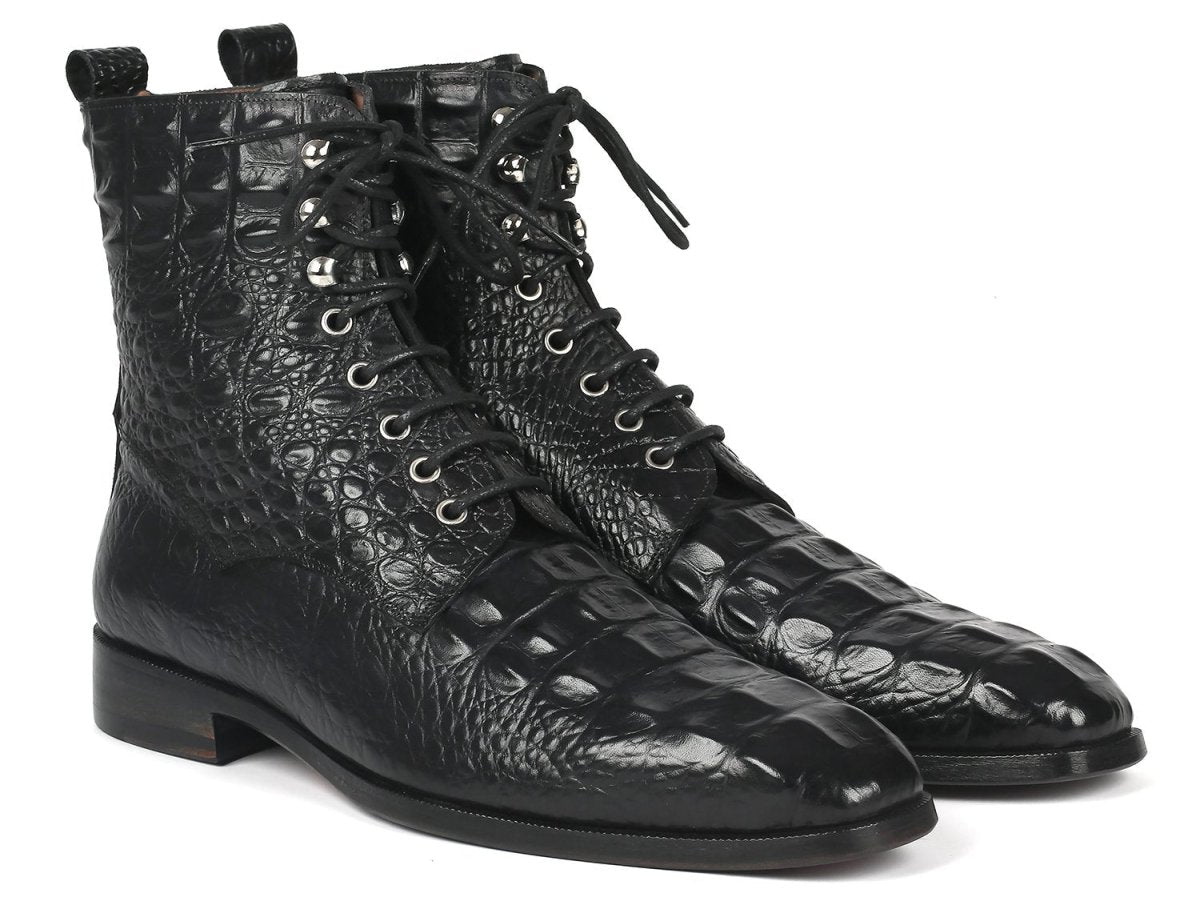 Paul Parkman Men's Black Croco Embossed Leather Lace Up Boots (IDBT744 BLK)