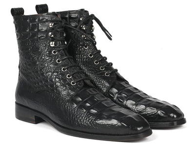 Paul Parkman Men's Black Croco Embossed Leather Lace Up Boots (IDBT744 BLK)