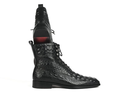 Paul Parkman Men's Black Croco Embossed Leather Lace Up Boots (IDBT744 BLK)
