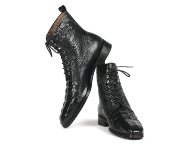 Paul Parkman Men's Black Croco Embossed Leather Lace Up Boots (IDBT744 BLK)