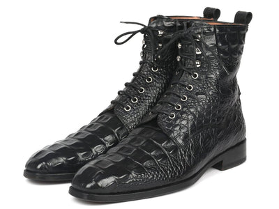 Paul Parkman Men's Black Croco Embossed Leather Lace Up Boots (IDBT744 BLK)