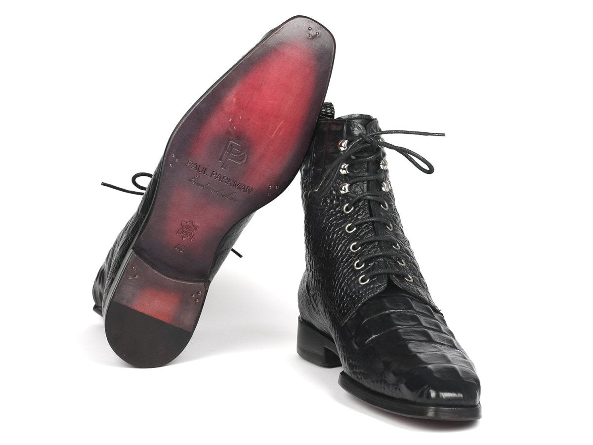 Paul Parkman Men's Black Croco Embossed Leather Lace Up Boots (IDBT744 BLK)