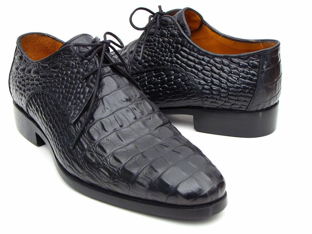 Paul Parkman Men's Black Crocodile Embossed Calfskin Derby Shoes (ID1438BLK)