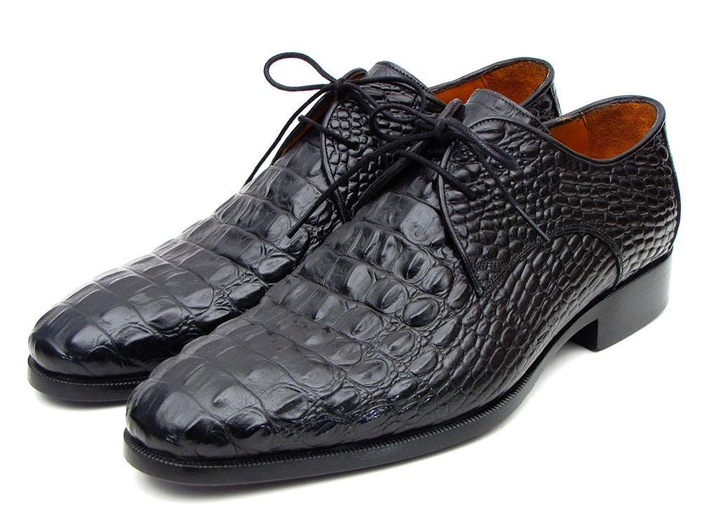 Paul Parkman Men's Black Crocodile Embossed Calfskin Derby Shoes (ID1438BLK)