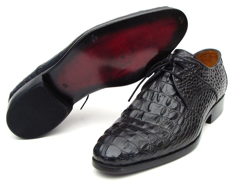 Paul Parkman Men's Black Crocodile Embossed Calfskin Derby Shoes (ID1438BLK)