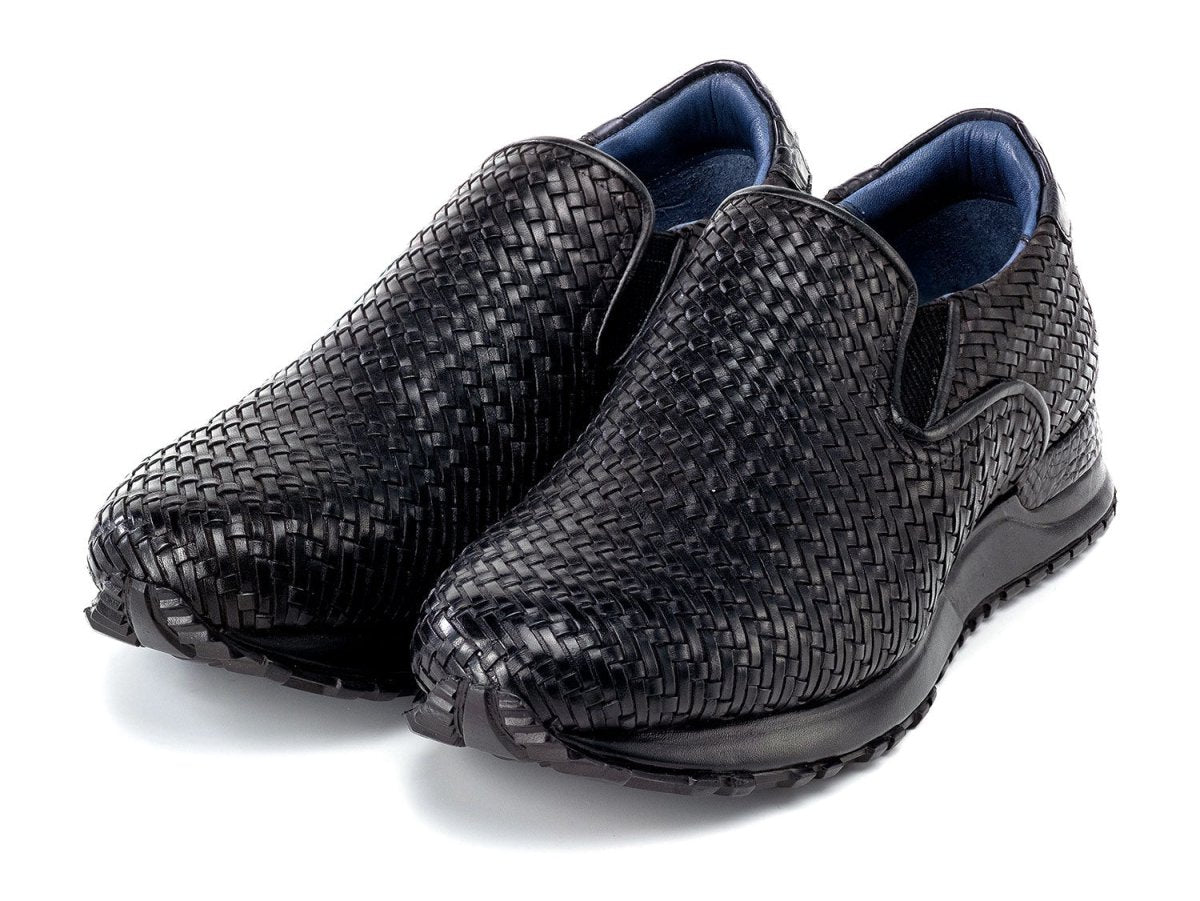 Paul Parkman Men's Black Woven Leather Slip On Sneakers (IDLW204BLK)
