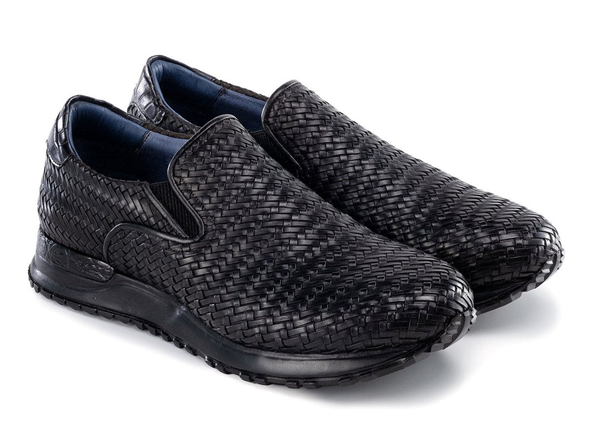 Paul Parkman Men's Black Woven Leather Slip On Sneakers (IDLW204BLK)