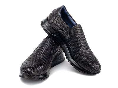 Paul Parkman Men's Black Woven Leather Slip On Sneakers (IDLW204BLK)