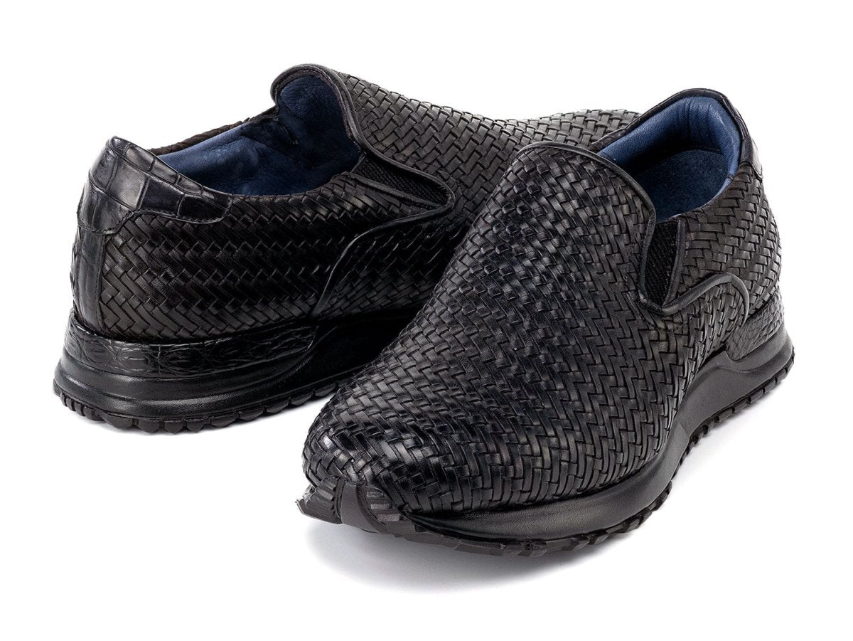 Paul Parkman Men's Black Woven Leather Slip On Sneakers (IDLW204BLK)