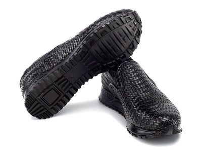 Paul Parkman Men's Black Woven Leather Slip On Sneakers (IDLW204BLK)