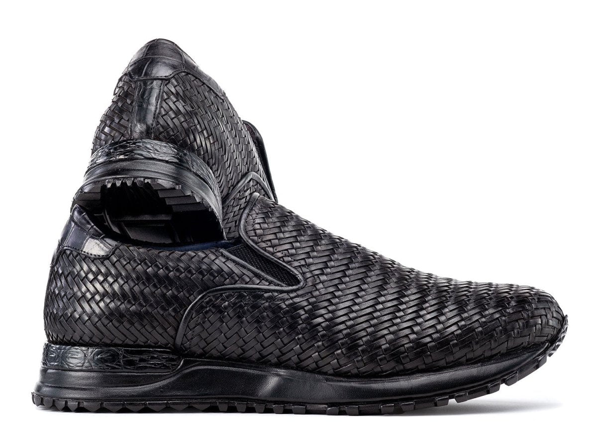 Paul Parkman Men's Black Woven Leather Slip On Sneakers (IDLW204BLK)