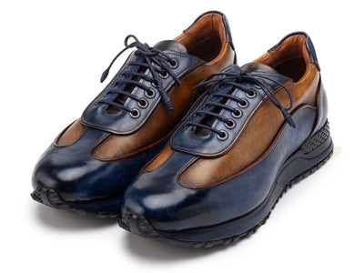 Paul Parkman Men's Blue and Camel Patina Leather Sneakers (IDLS406BCL)