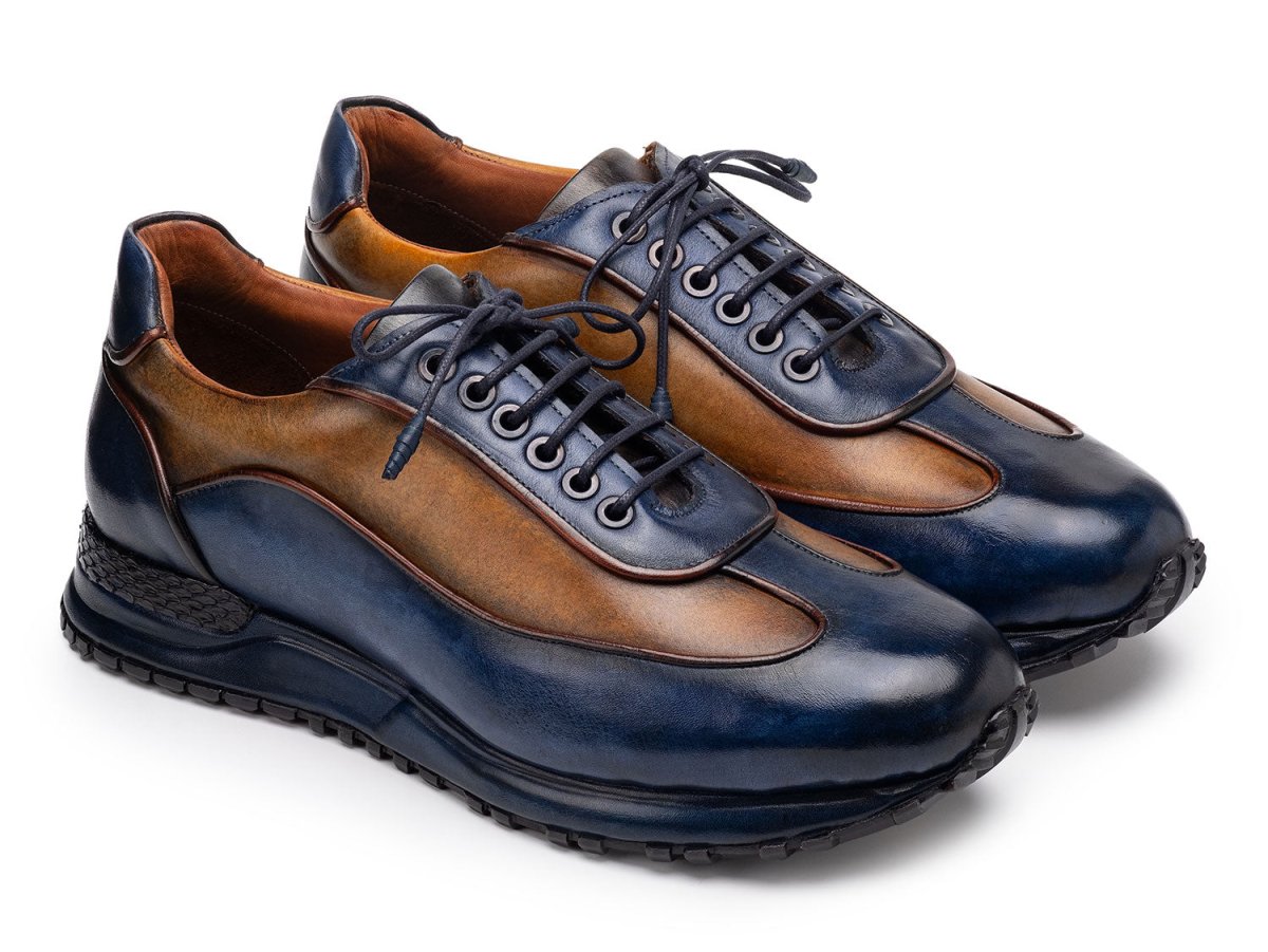 Paul Parkman Men's Blue and Camel Patina Leather Sneakers (IDLS406BCL)