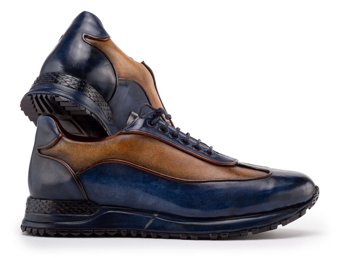 Paul Parkman Men's Blue and Camel Patina Leather Sneakers (IDLS406BCL)
