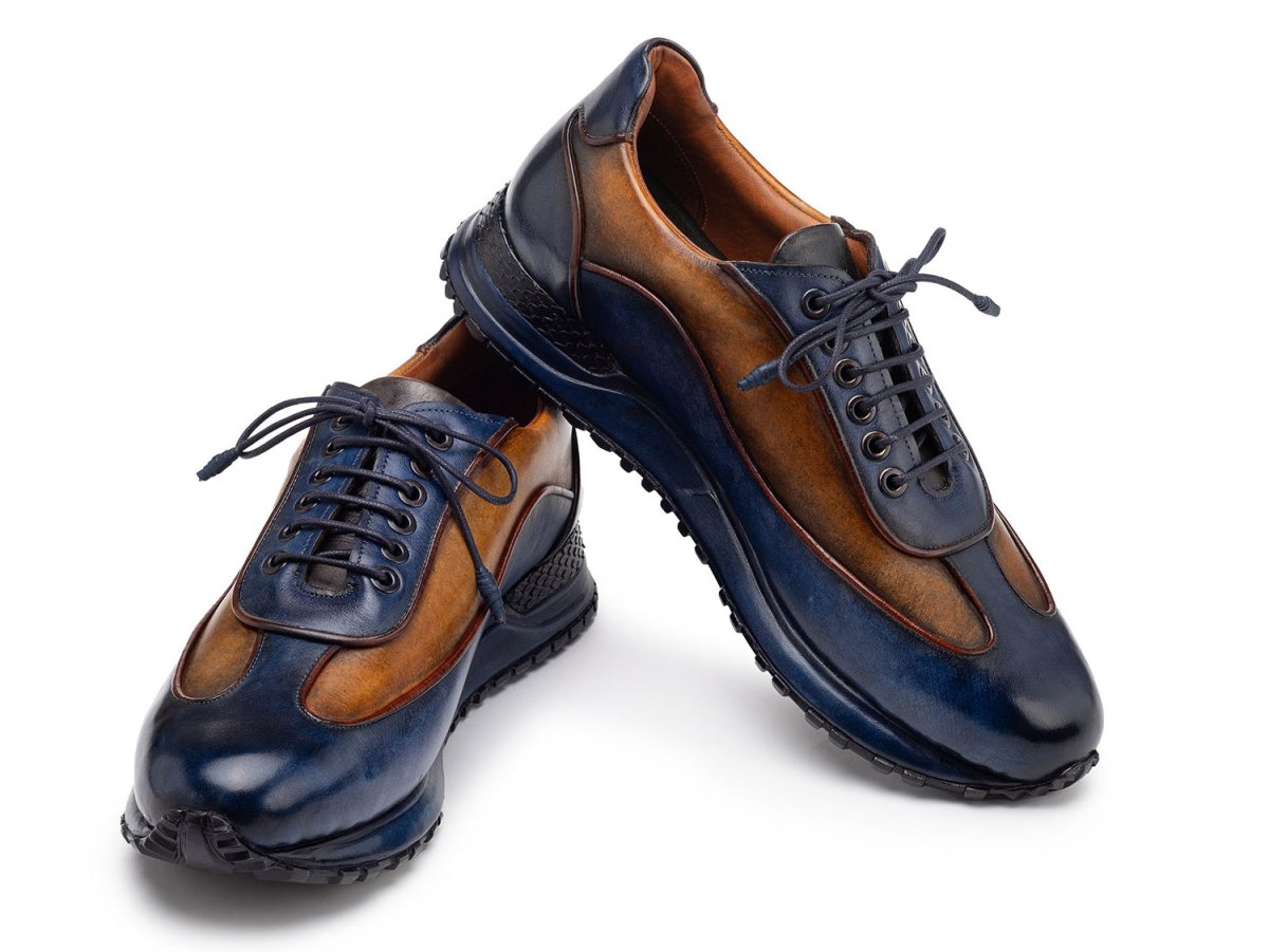 Paul Parkman Men's Blue and Camel Patina Leather Sneakers (IDLS406BCL)