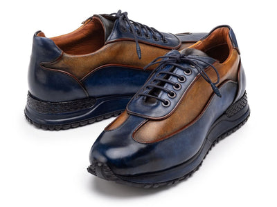 Paul Parkman Men's Blue and Camel Patina Leather Sneakers (IDLS406BCL)