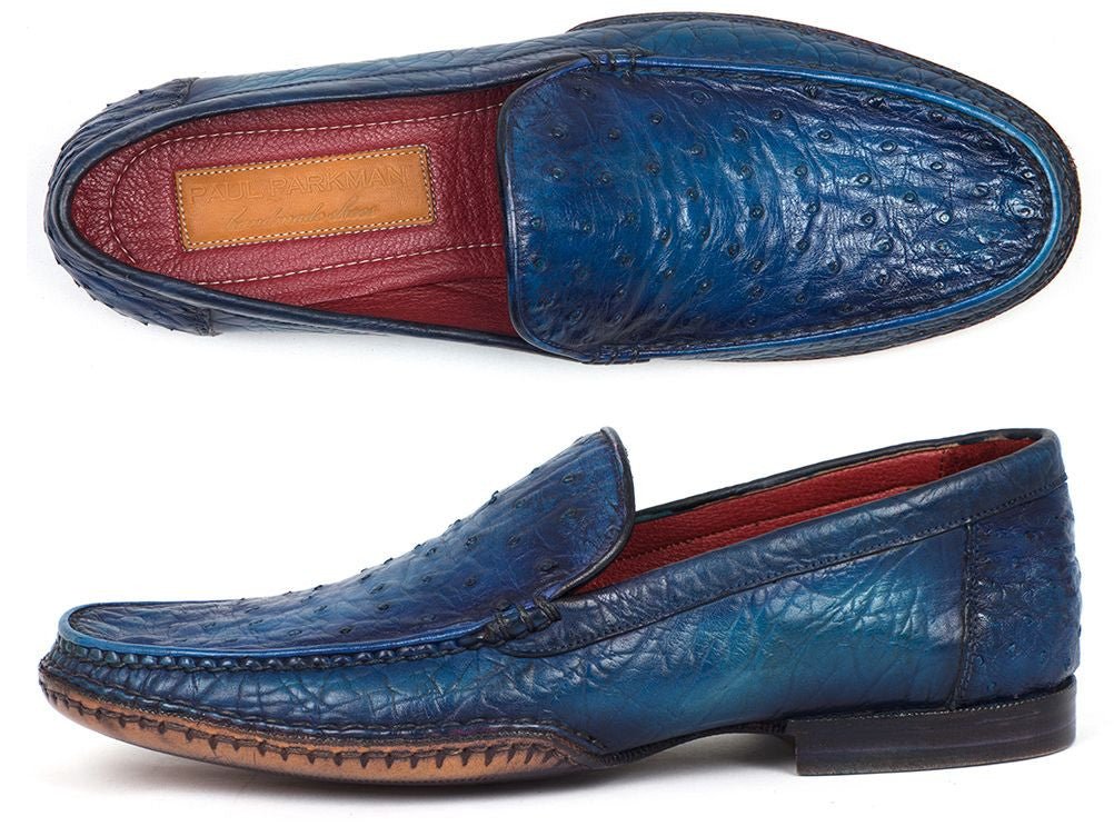Paul Parkman Men's Blue Genuine Ostrich Opanka Stitched Moccasins (IDYL94OPK)