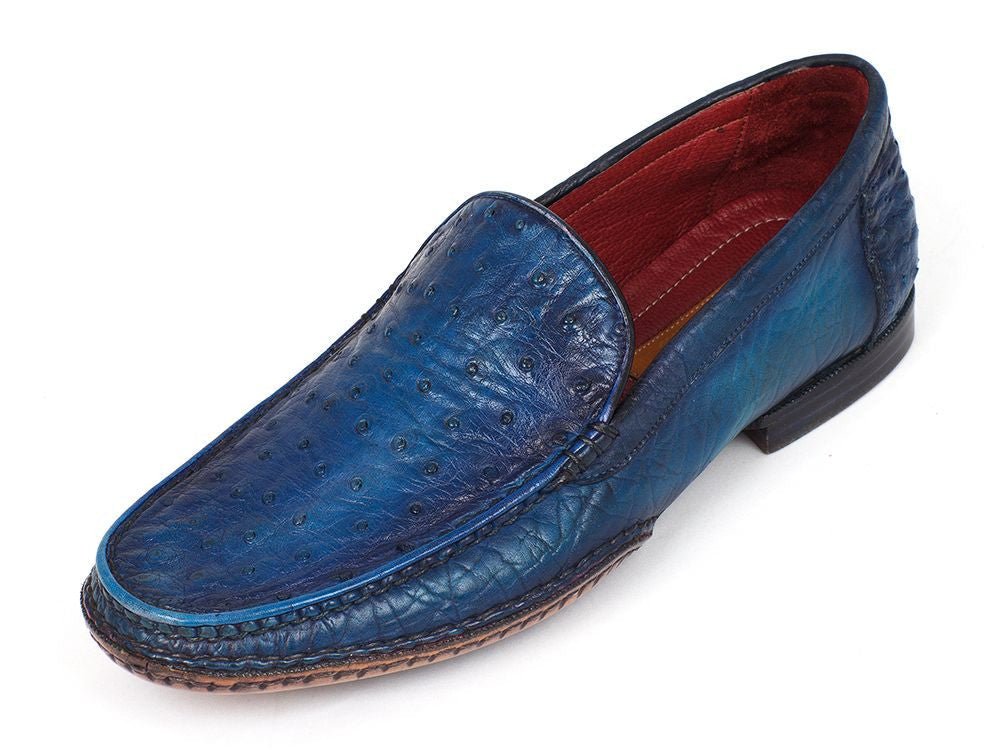 Paul Parkman Men's Blue Genuine Ostrich Opanka Stitched Moccasins (IDYL94OPK)