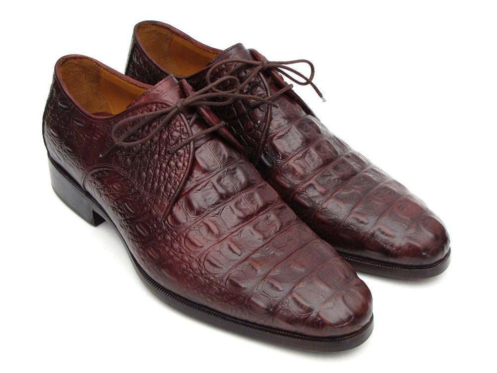 Paul Parkman Men's Brown and Bordeaux Crocodile Embossed Calfskin Derby Shoes (ID1438BRD)