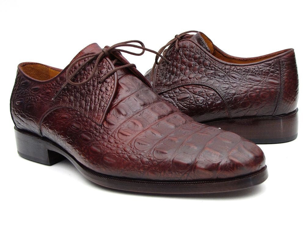 Paul Parkman Men's Brown and Bordeaux Crocodile Embossed Calfskin Derby Shoes (ID1438BRD)