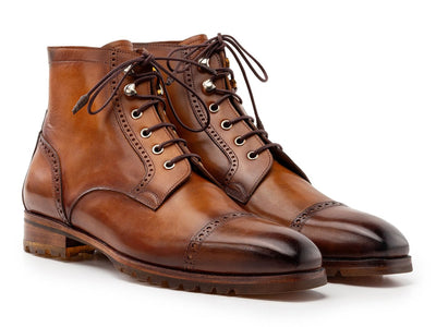 Paul Parkman Men's Brown Burnished Leather Cap Toe Boots (IDBT9566 BRW)