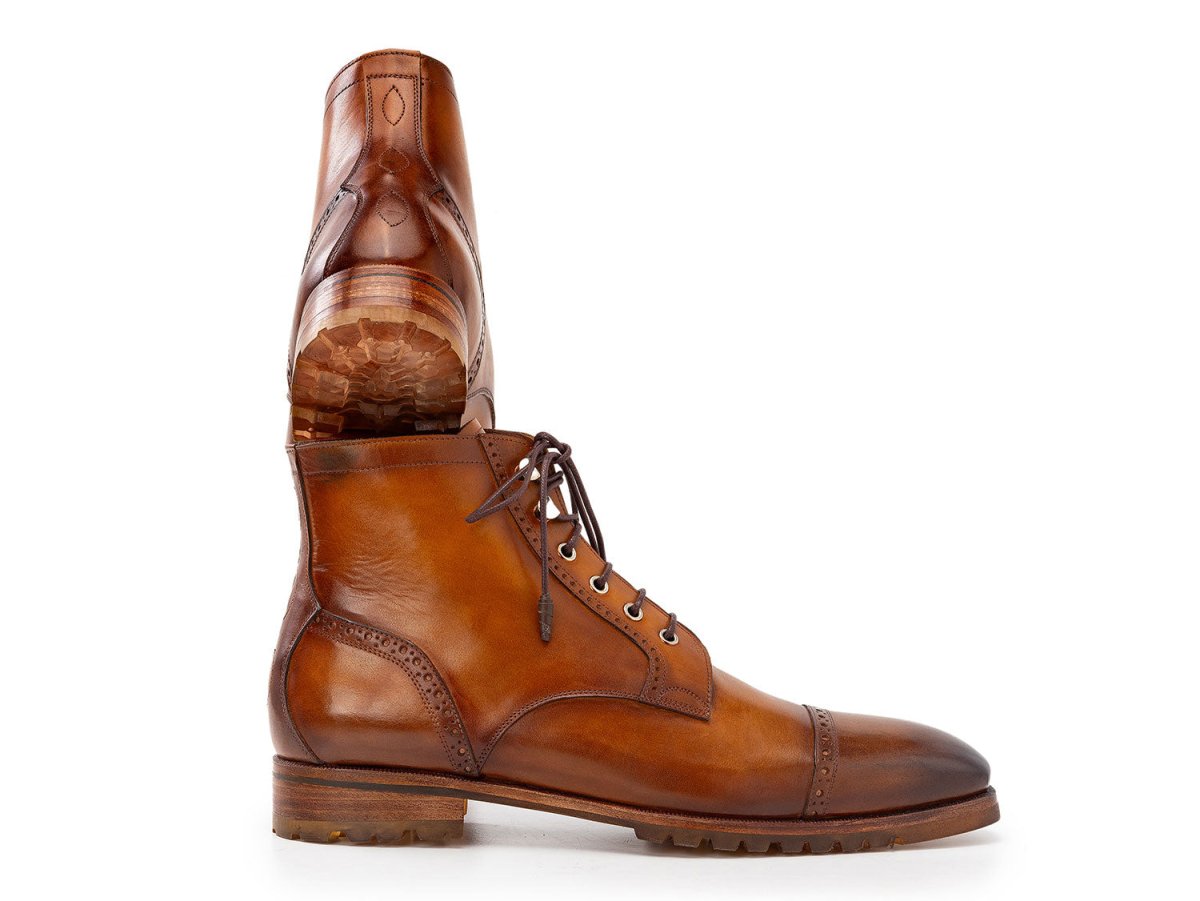 Paul Parkman Men's Brown Burnished Leather Cap Toe Boots (IDBT9566 BRW)