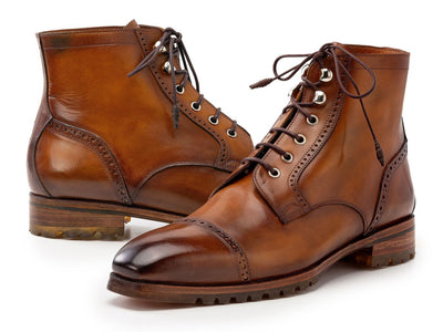 Paul Parkman Men's Brown Burnished Leather Cap Toe Boots (IDBT9566 BRW)