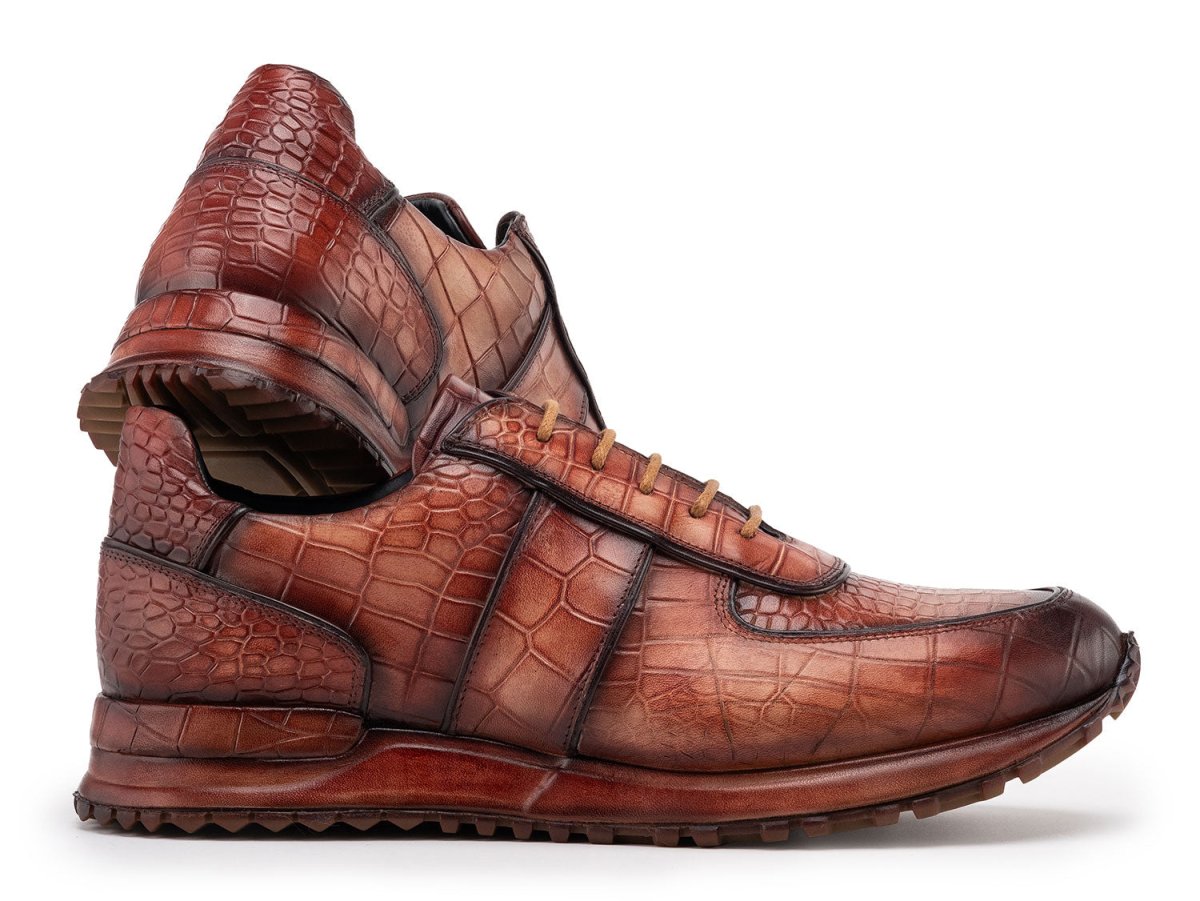 Paul Parkman Men's Brown Burnished Textured Leather Sneakers (IDLB704CML)
